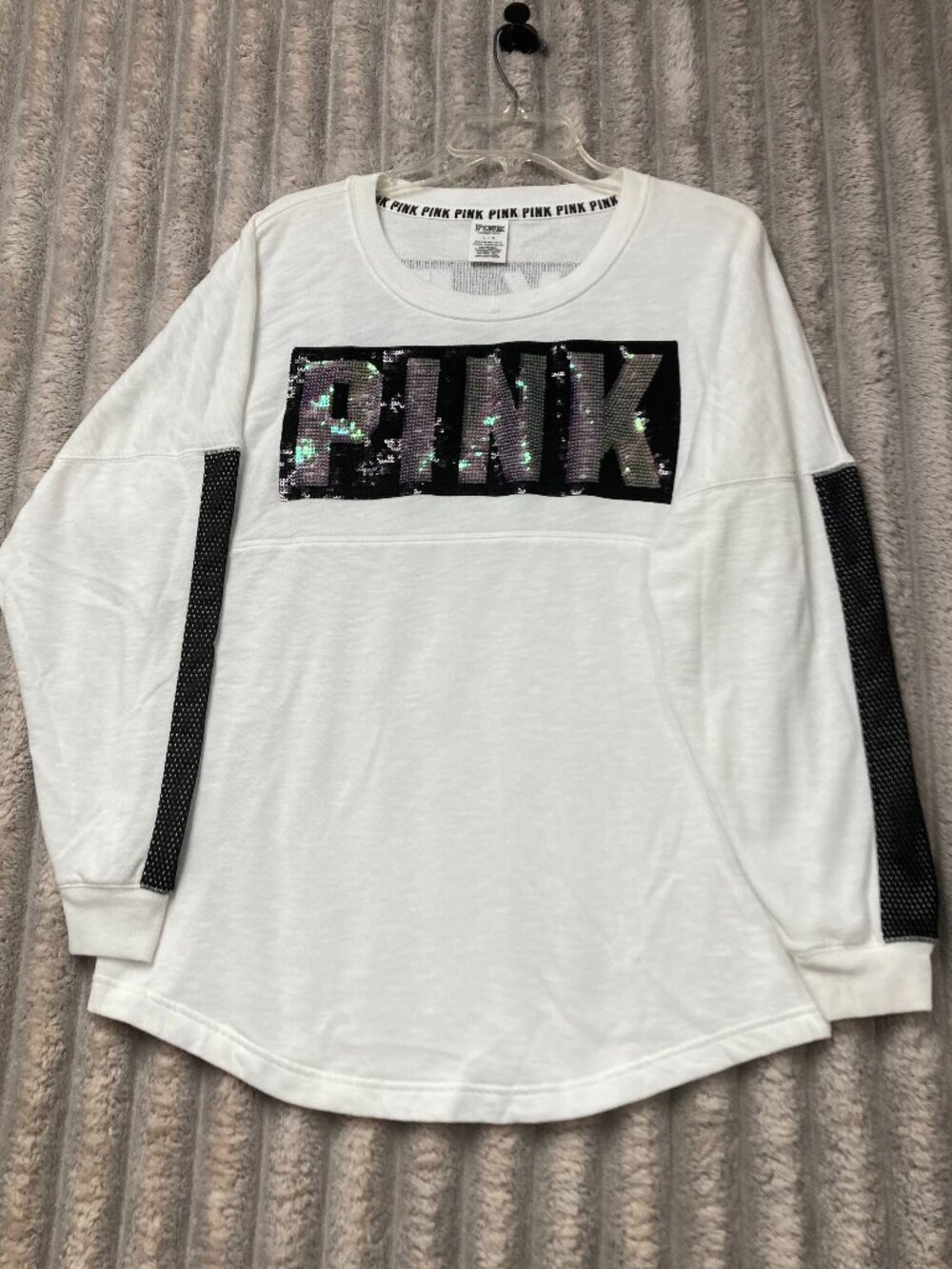 PINK Victoria's Secret Crew Neck Sweatshirt with Sequin Lettering Size Large - Picture 1 of 10